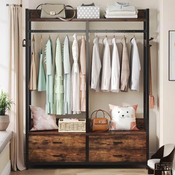 Carmalita Brown Wood 47.24 in. Armoire with 4 Drawers and 8 Hooks, Freestanding Clothing Rack for Bedroom Living Room