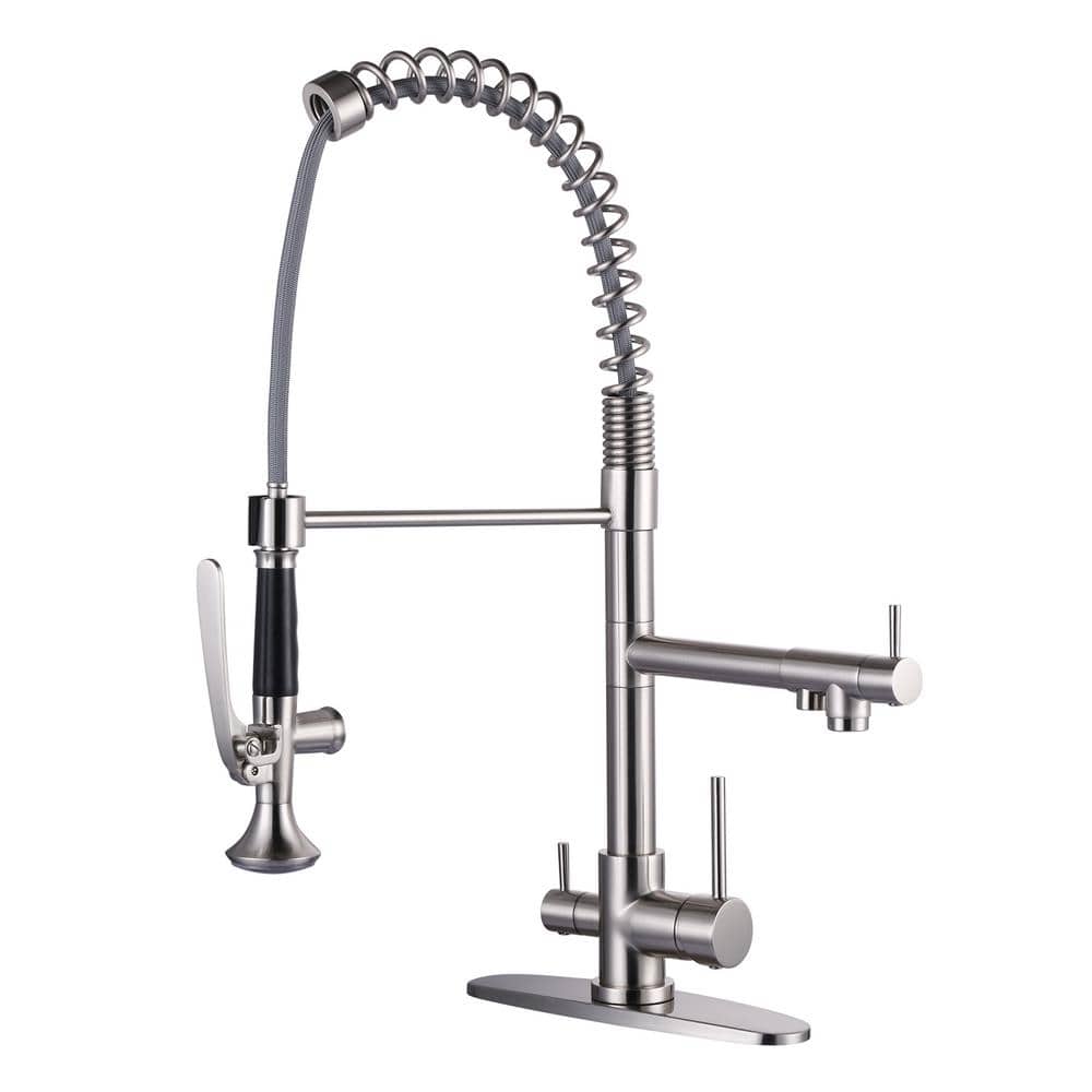 Brushed Nickel Double Handle Pull-Down Kitchen Faucet with Spray