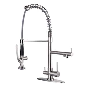 Double Handle Pull-Down Sprayer Kitchen Faucet High Arc with Drinking Water and Deck Plate in Brushed Nickel