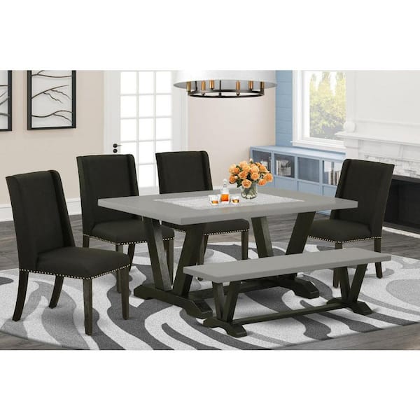 East West Furniture 6-Piece Rectangle Natural Oak Finish Solid Wood Top Dining Table with 1-Bench, 4 Upholstered-Chairs with Lattice Back