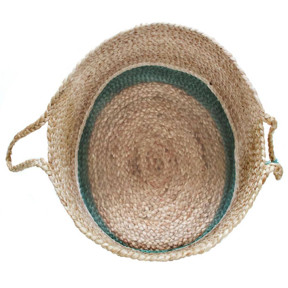Handmade Round Jute Teal and Natural Storage Basket