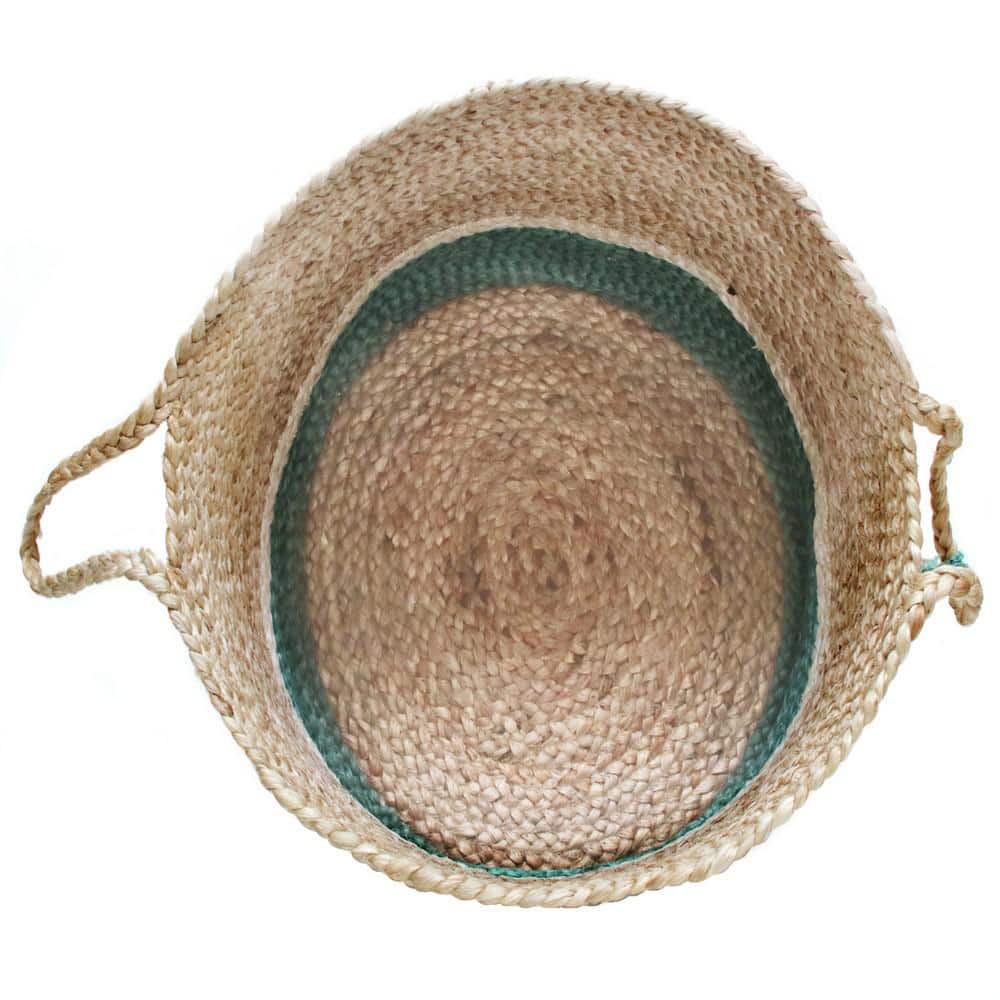 Teal and Natural Jute Color Block Round Storage Basket 17"