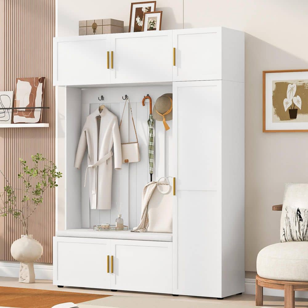 59 in. W White 3-in-1 Hall Tree with Padded Bench, 4 Hooks, Storage Cabinets and Stylish Golden Handles price history on PriceWatchPro