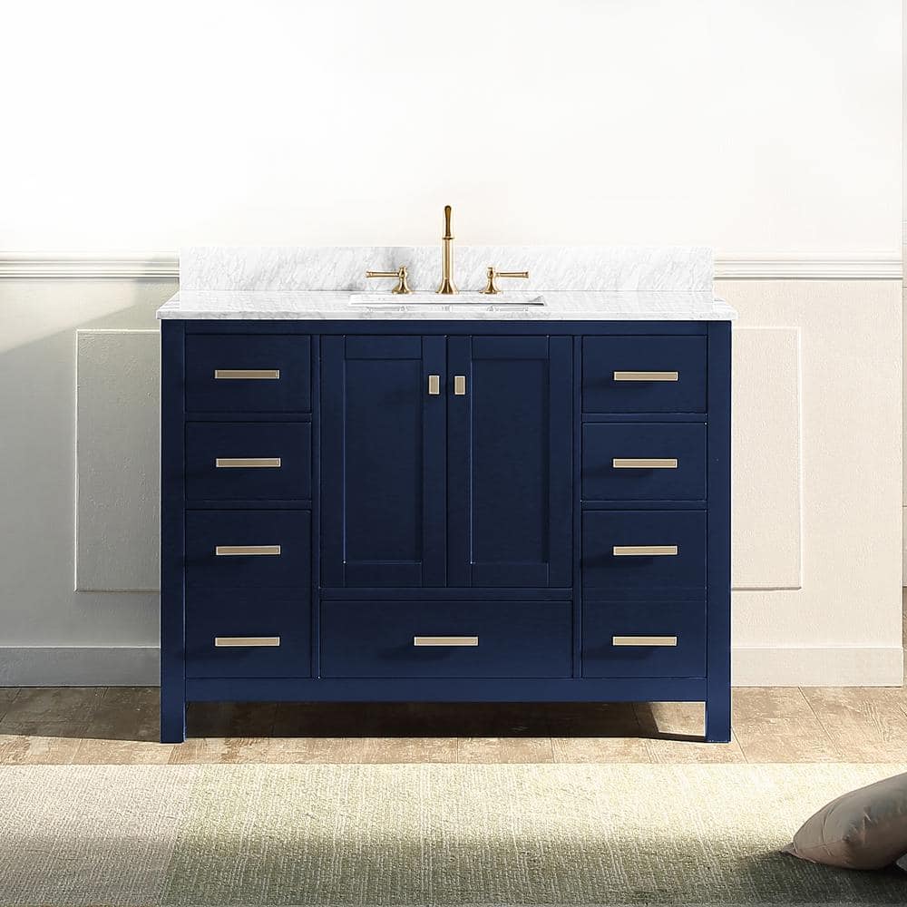 SUPREME WOOD Whitney 48 in. W x 22 in. D x 36.2 in. H Bath Vanity in Navy Blue with White Marble Vanity Top with White Basin -  69048S-CAB-DB-SQ