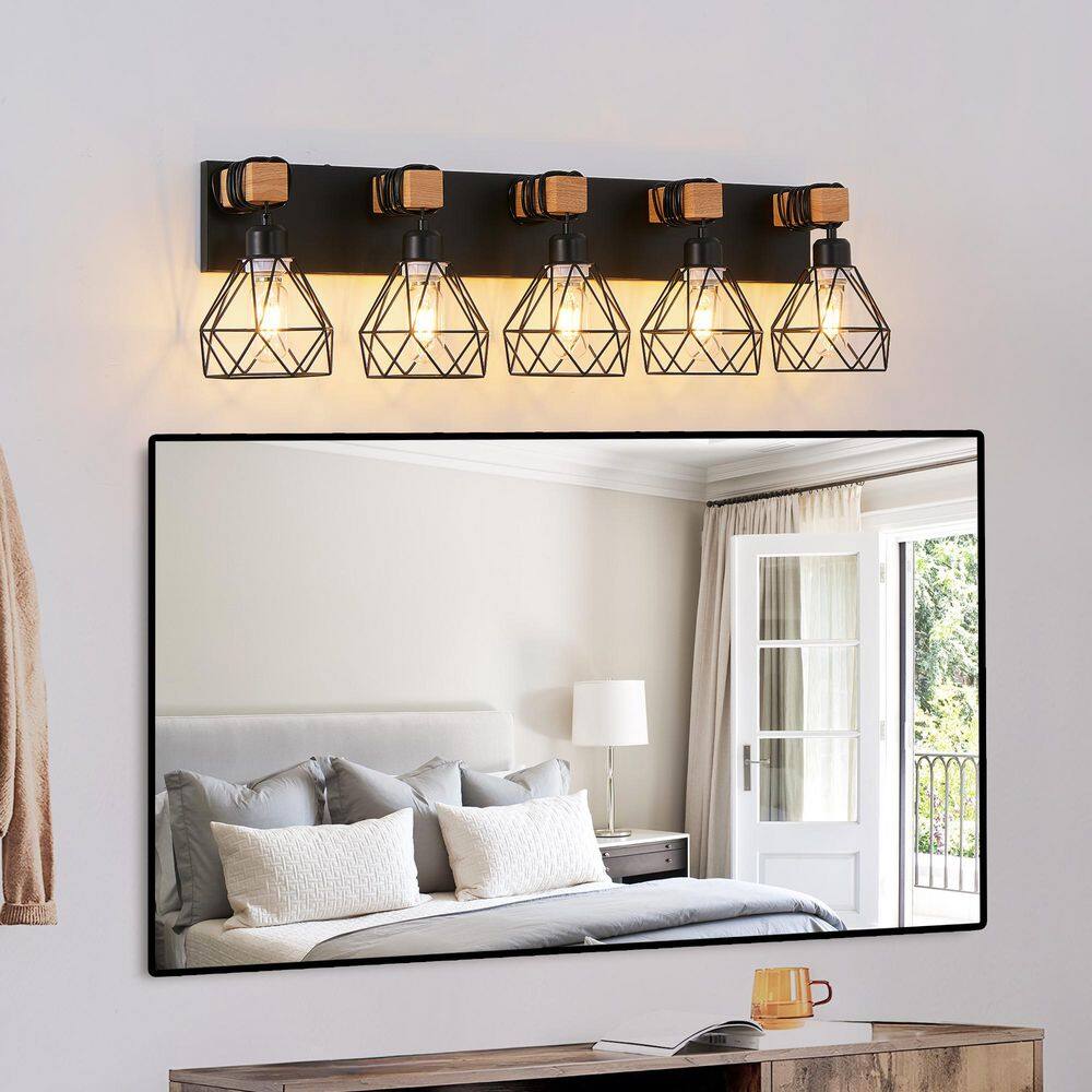 31 in. 5 Light Black Vanity Light with Wooden Accents and Cage Lampshade for Bathroom (Bulb Not Included) price history on PriceWatchPro