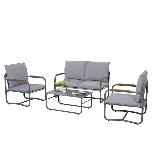 Cesicia Light Gray 4-Piece Metal Outdoor Bistro Set with Gray Cushion, Patio Table and Chairs