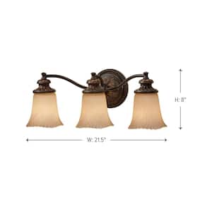 Emma 21.5 in. W 3-Light Grecian Bronze Bathroom Vanity Light with Cream Etched Glass Shade and Vintage Ornate Backplate