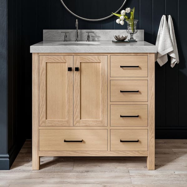 ARIEL Cambridge 36 in. Single Sink Freestanding Bathroom Vanity in Oak with Carrara White Marble Top