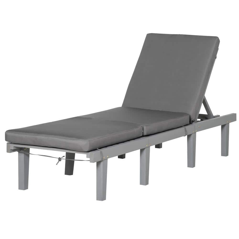 1-Piece Wood Outdoor Folding Backrest Chaise Lounge with Gray Cushion