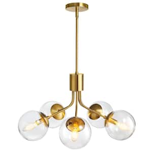 5-Light Gold Chandelier with Globe Glass Shade Height Adjustable Pendant Light for Dining Room with No Bulbs Included