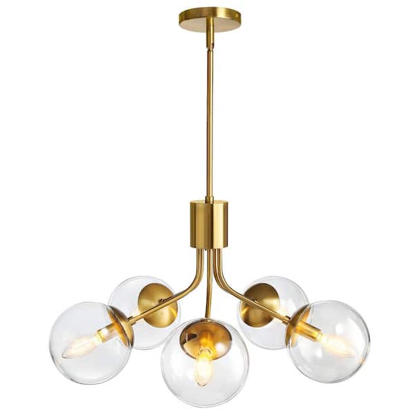 KAISITE 5-Light Gold Chandelier with Globe Glass Shade Height Adjustable Pendant Light for Dining Room with No Bulbs Included