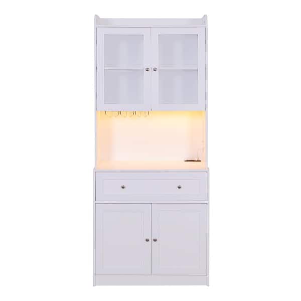 FUNKOL 31.5 in. x 15.75 in. x 70.87 in. White Classic MDF Kitchen Cabinet with Light Charging Stand Microwave Shelf & 1-Drawer