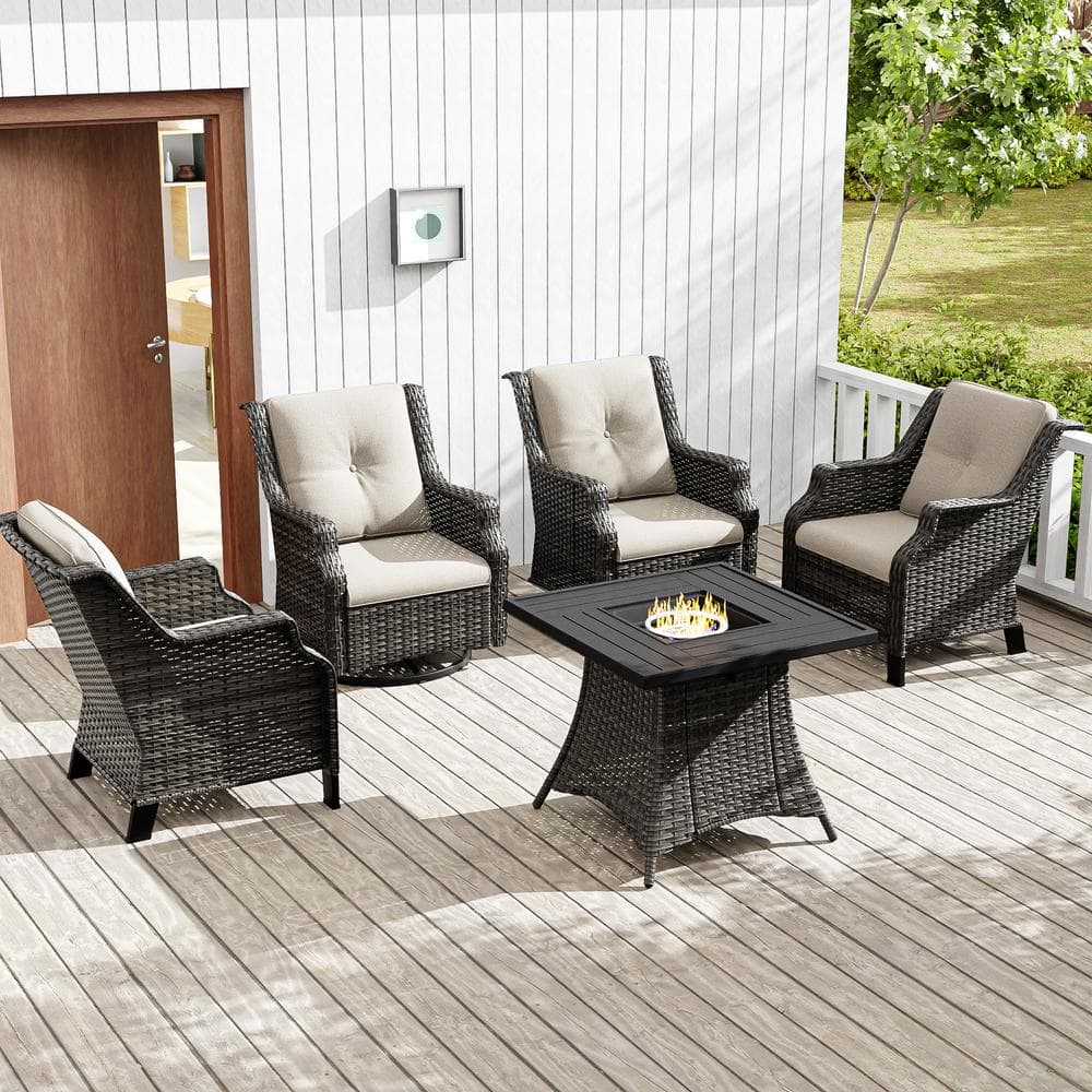 5-Piece Wicker Outdoor Fire Pit Patio Chair Set with Beige Cushions and Rectangular Fire Pit Table price history on PriceWatchPro