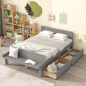 Modern Gray Wood Frame Full Size Platform Bed with Footboard Bench, 2-Drawer and Slat Support Legs