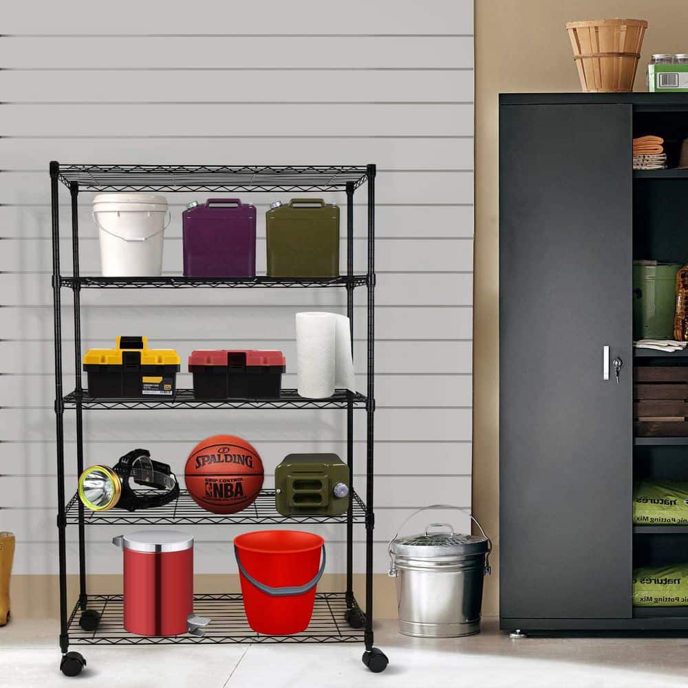 Heavy Duty Black Iron 5-Shelf Pantry Organizer with Wheels