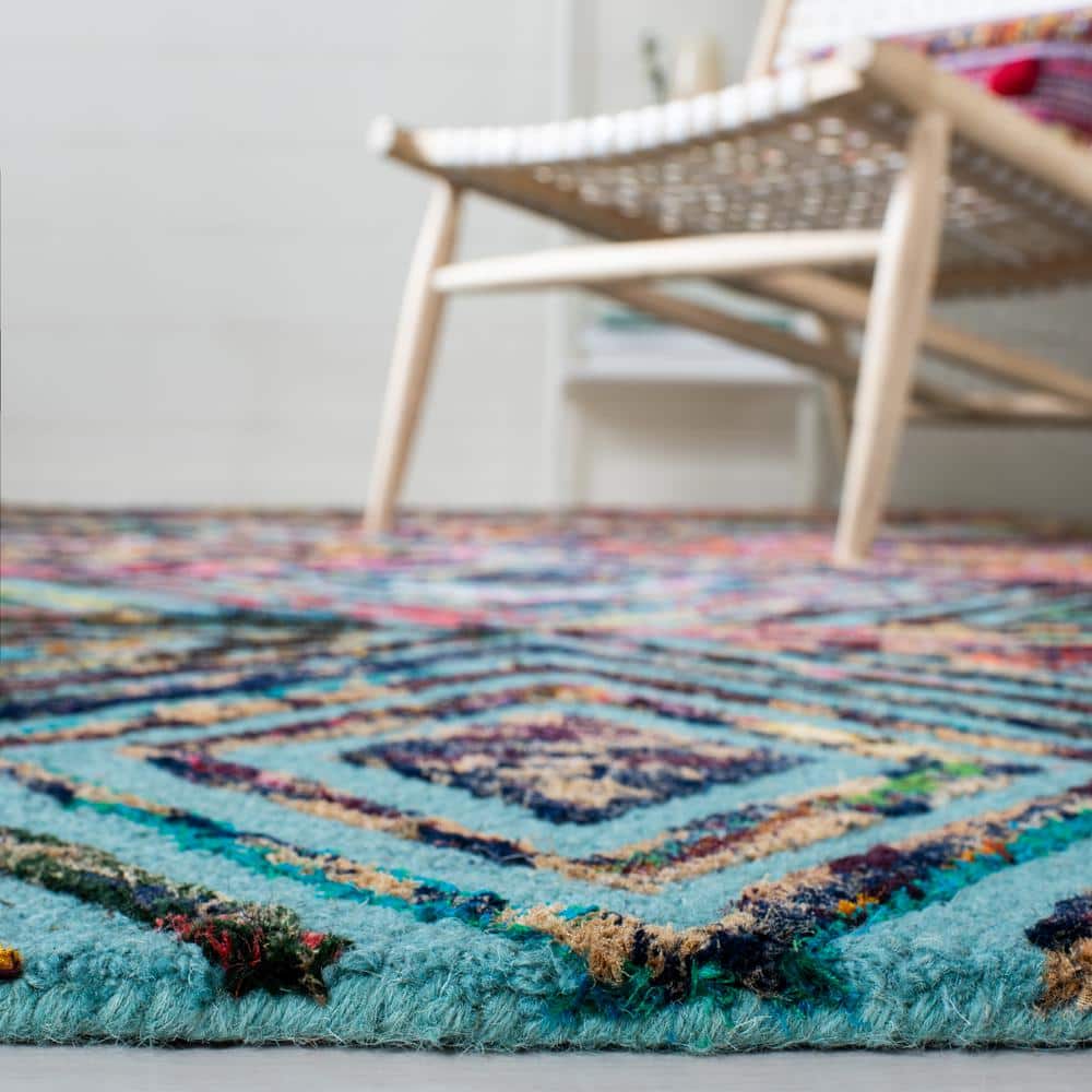 Handmade Blue Wool and Cotton Tufted Rectangular Rug