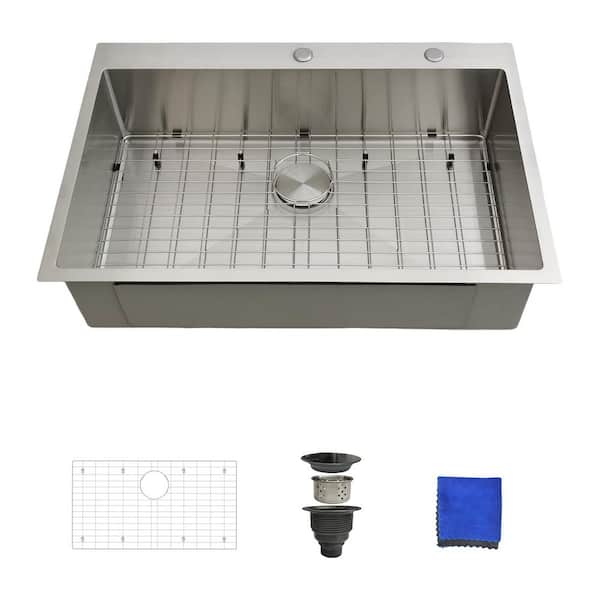 33 in. Drop-In Single Bowl Kitchen Sink, 18 Gauge Stainless Steel with Brushed Finish, Bottom Grid, and Strainer