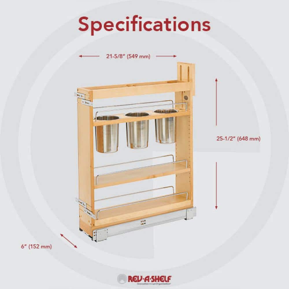 Rev-A-Shelf 5" Natural Wood Pull-Out Cabinet Organizer with Stainless Steel Bins