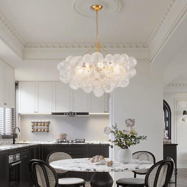 15 Light Brushed Gold Modern Bubble Ball Grape Cluster Chandelier Globe Hanging Ceiling Light Fixture With Hammer Glass