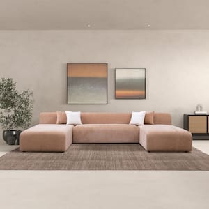 Apex 140.2 in. Armless 3-Piece Chenille Modern U-Shaped Sectional Sofa in Peach