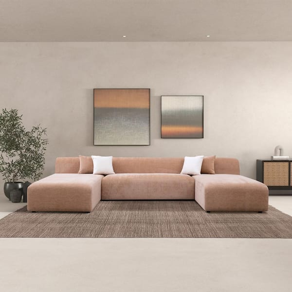 Ashcroft Furniture Co Apex 140.2 in. Armless 3-Piece Chenille Modern U-Shaped Sectional Sofa in Peach
