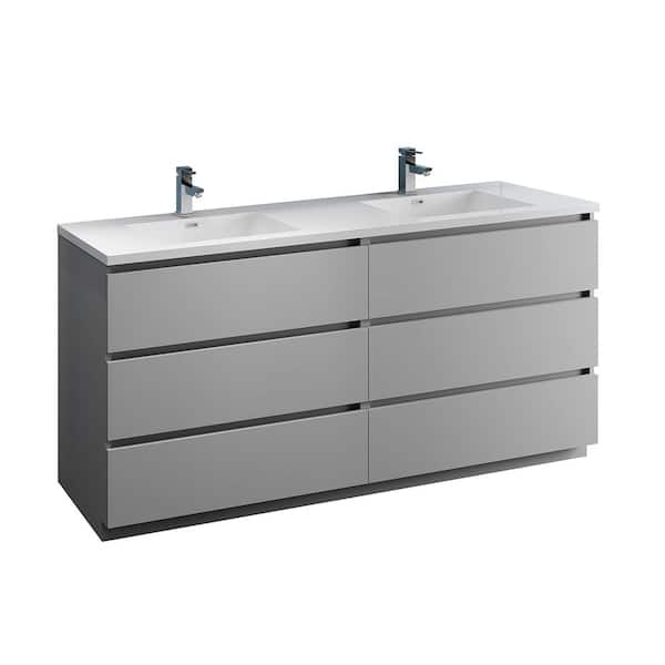 Fresca Lazzaro 71 in. Modern Double Bathroom Vanity in Gray with Vanity Top in White with White Basins