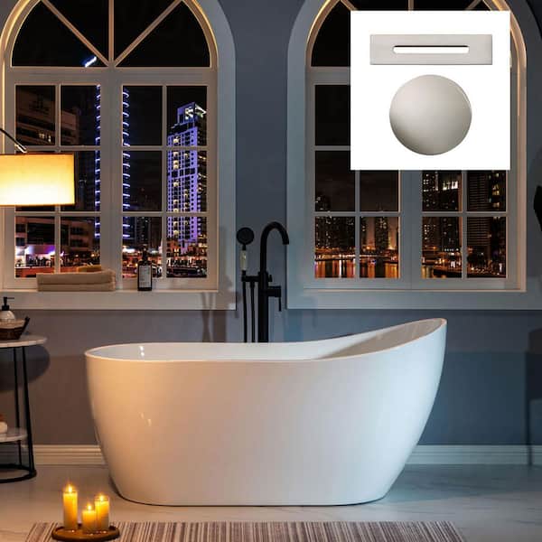 59 in. Acrylic FlatBottom Single Slipper Bathtub with Brushed Nickel Overflow and Drain Included in White