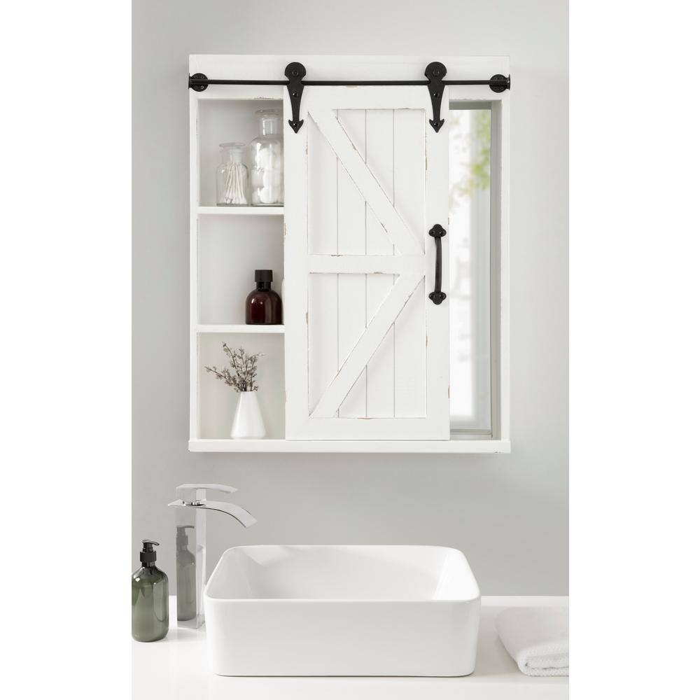Rustic White Wood Wall Storage Cabinet with Sliding Barn Door and Mirror