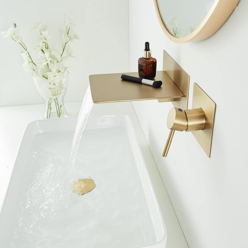 Brushed Gold Wall-Mount Single-Handle Bathroom Faucet with Shelf