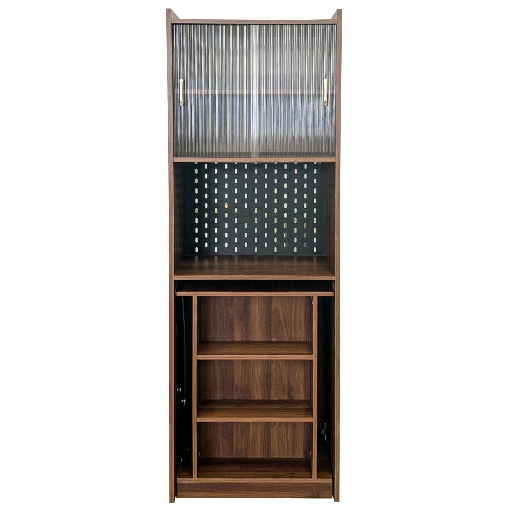 Walnut particle board desk with slat back and shelves on a white background.