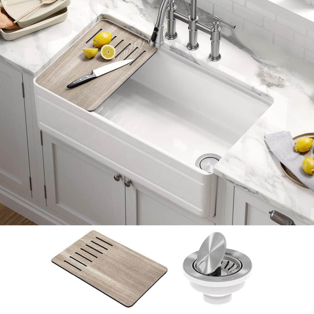 Gloss White Fireclay Farmhouse Single Bowl Kitchen Sink with Accessories