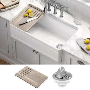 Turino Gloss White Fireclay 33 in. Single Bowl Farmhouse Apron Workstation Kitchen Sink with Accessories