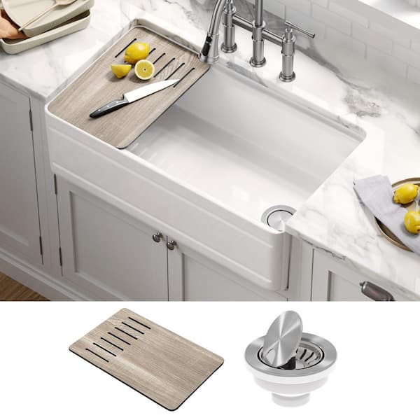 Turino Gloss White Fireclay 33 in. Single Bowl Farmhouse/Apron-Front Workstation Kitchen Sink with Accessories