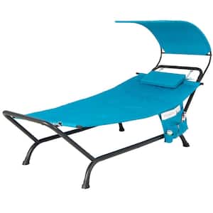 1-Piece Metal Outdoor Chaise Lounge Chair with Canopy Cushion Pillow and Storage Bag in Navy