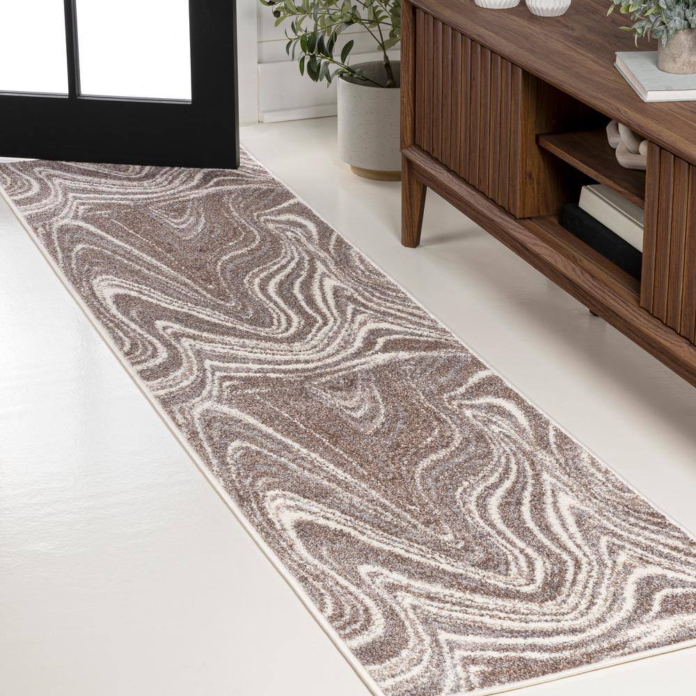 Brown and Cream Abstract Marble 2 x 8 Synthetic Runner Rug