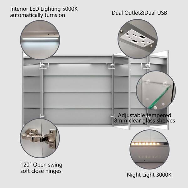 Forclover 48-in x 32-in Lighted LED Fog Free Surface/Recessed Mount Silver Mirrored Soft Close Medicine Cabinet with Outlet