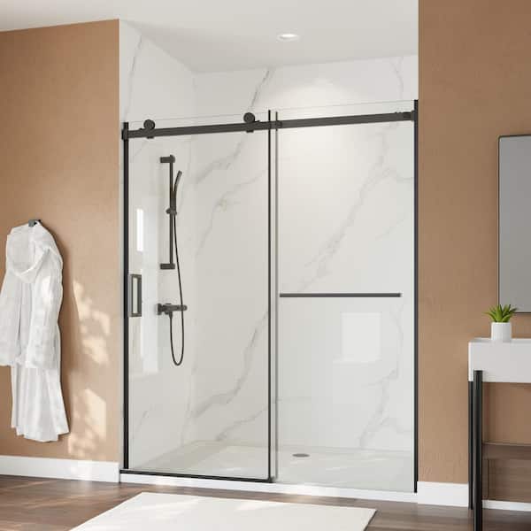 Minimalist Narrow-Line 56-60 in. W x 72 in. H Sliding Framed Shower Door in Matte Black with Clear Tempered Glass