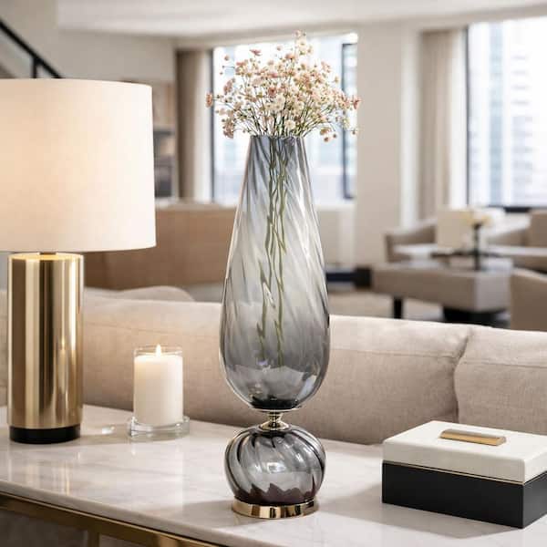 Liv & Skye 21 in. Gray Glass Contemporary Smoked Decorative Vase with Metal Base