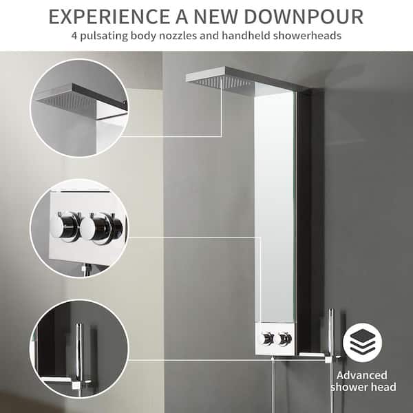 Shower System with Rainfall Shower Head and Tempered Glass Screen in Polished Chrome