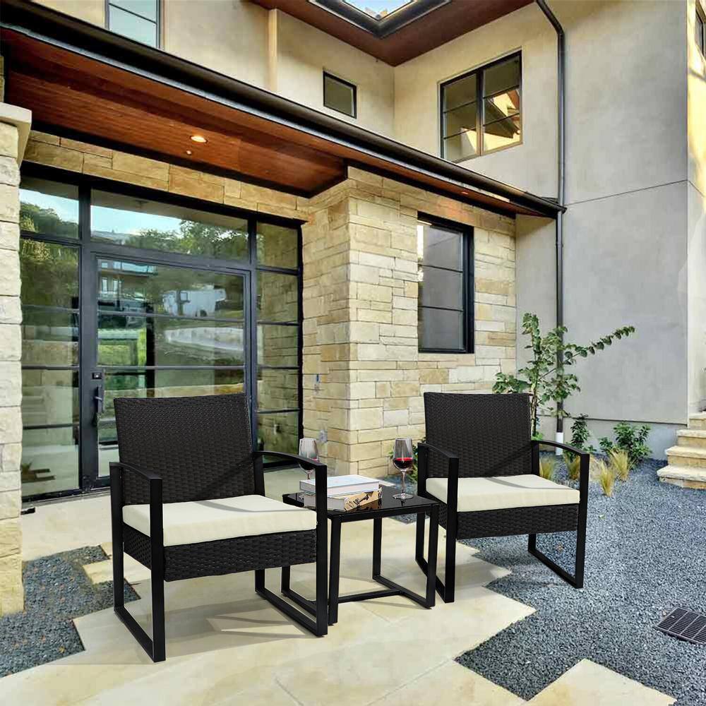 Black 3-Piece Patio Sets Steel Outdoor Wicker Patio Furniture Sets Outdoor Bistro Set with White Cushion price history on PriceWatchPro