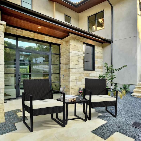 Black 3-Piece Patio Sets Steel Outdoor Wicker Patio Furniture Sets Outdoor Bistro Set with White Cushion
