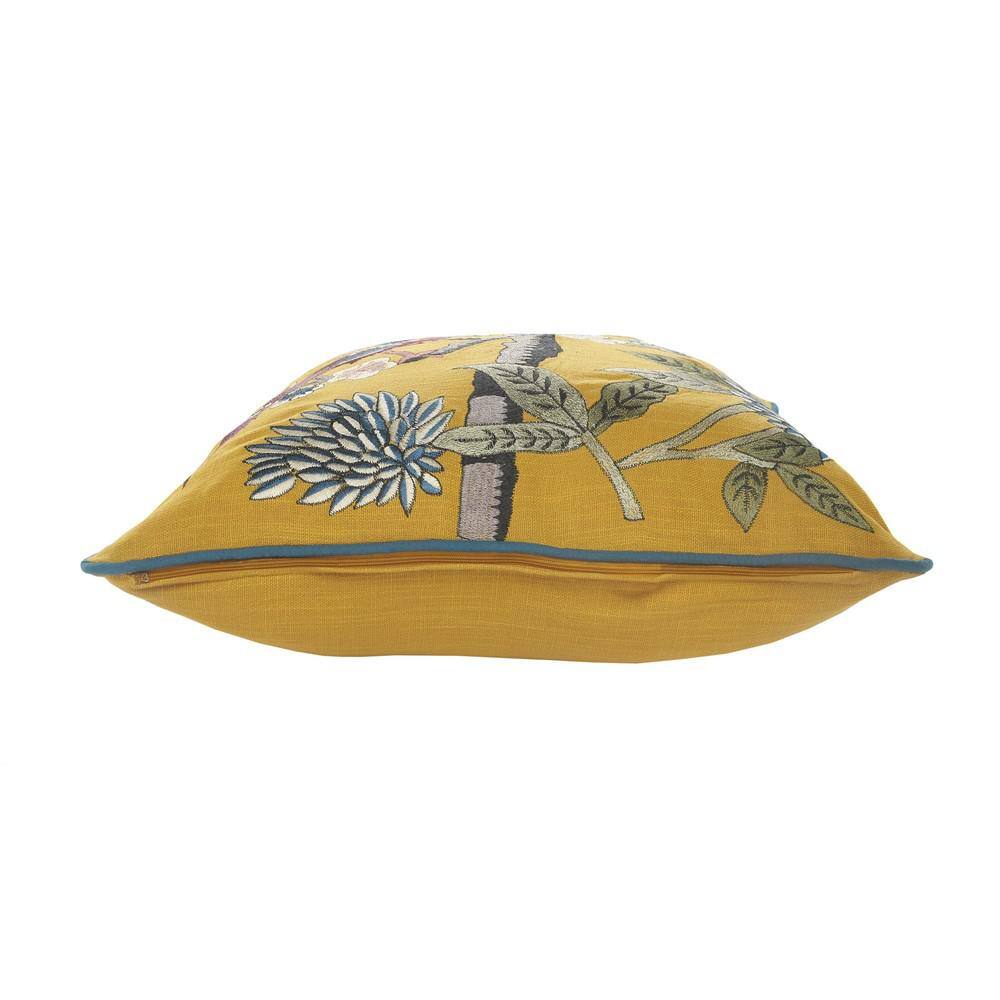 Yellow Cotton Bird of Paradise Embroidered Throw Pillow