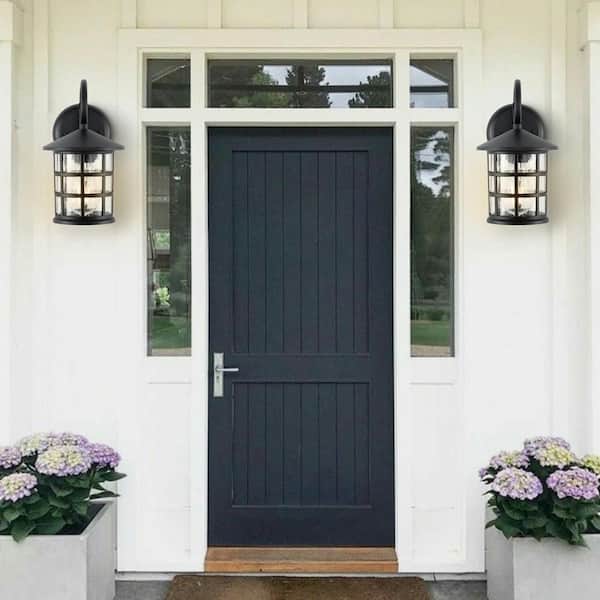 Cadiz 6 in. 1-Light Iron/Seeded Glass Cottage Rustic Scrolled Hardwired LED Black Outdoor Wall Lantern Sconce (Set of 2)