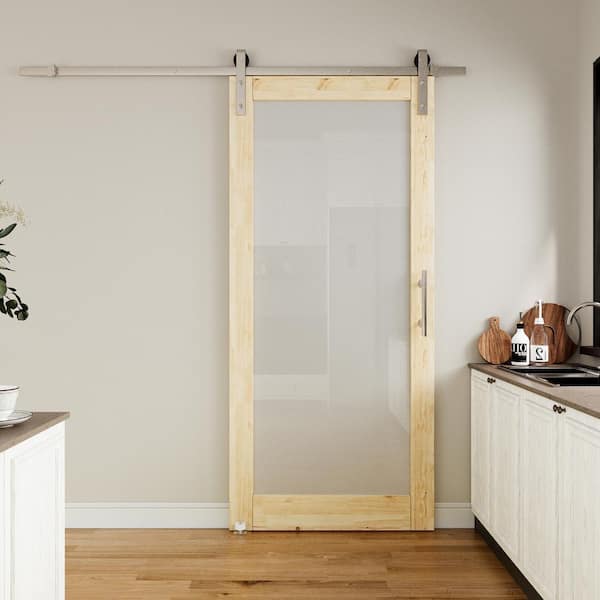 36 in. x 80 in. 1-Lite Frosted Glass Unfinished Solid Pine Wood Sliding Barn Door with Hardware Kit Nickel Plated