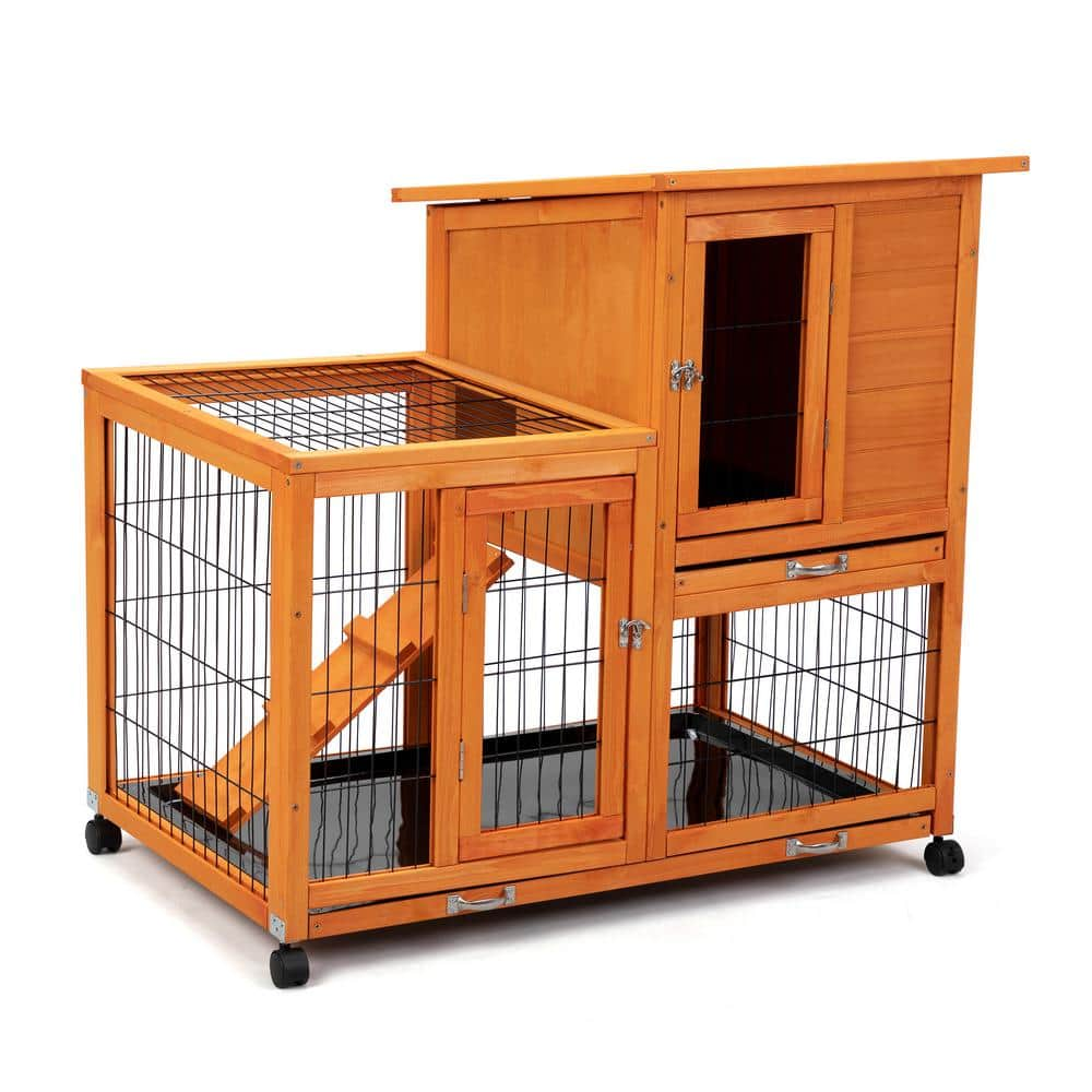 COZIWOW 2-Tier Wooden Rabbit Hutch with 4 Casters, Water Bottle ...