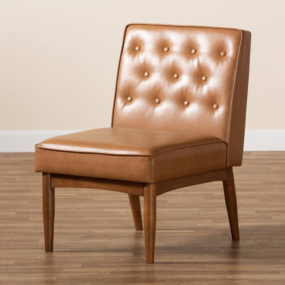 Walnut Brown & Tan Faux Leather Mid-Century Arm Chair