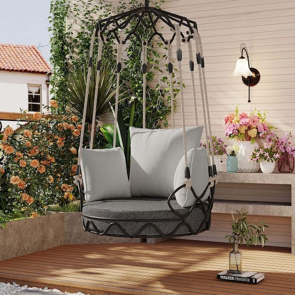 Unbranded Outdoor Patio Metal Porch Swing With UV Resistant Gray Cushion, Outdoor Hanging Macrame Swing Chair Hanging Chair