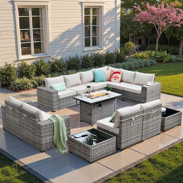 HOOOWOOO Tahoe Grey 13-Piece Wicker Wide Arm Outdoor Patio Conversation Sofa Set with a Fire Pit and Beige Cushions