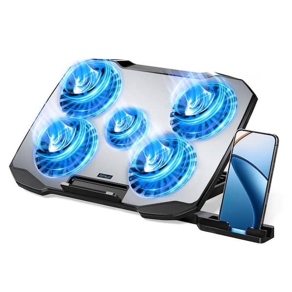 Vrbgify Laptop Cooling Pad with Adjustable Stand for 12-15.6", 5 Quiet Fans, 5 Height Levels, Dual USB Ports and Phone Holder