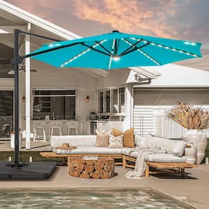 11 ft. Round Solar LED Aluminum 360-Degree Rotation Cantilever Offset Outdoor Patio Umbrella with Base in Lake Blue